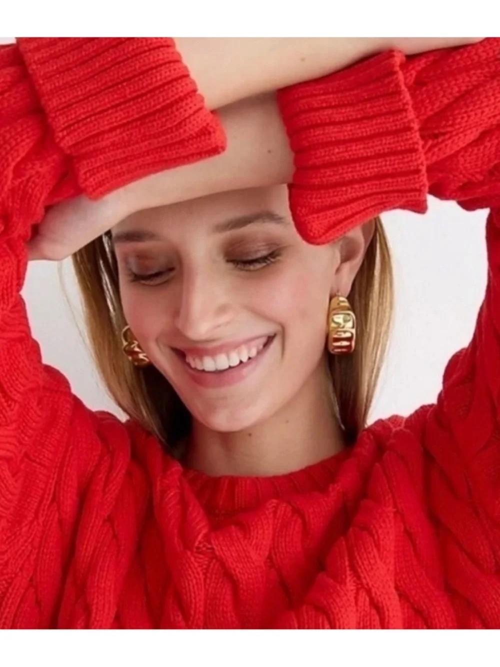 J. Crew Women's Cotton Blend Cable Knit‎ Side Slit Crewneck Sweater Size S/M Red
